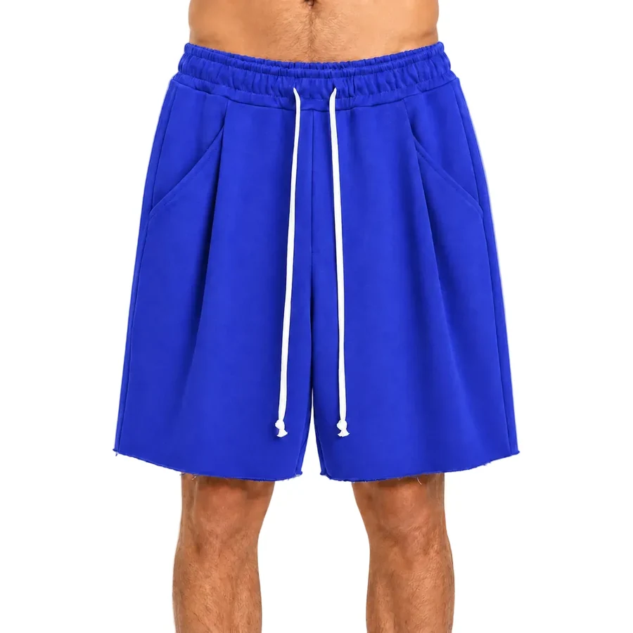 Fotografie de catalog a modelului: pantaloni albastru regal oversized cu cusătură frontală și șnur lungas.