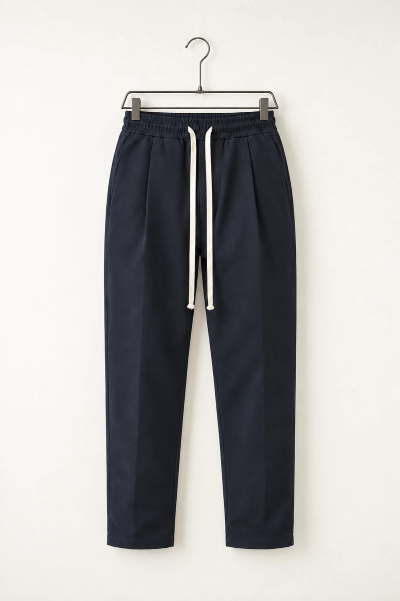 Pantaloni bărbați carrot fit din bumbac – bleumarin, vedere frontală pe umeraș, în catalogul editorial.