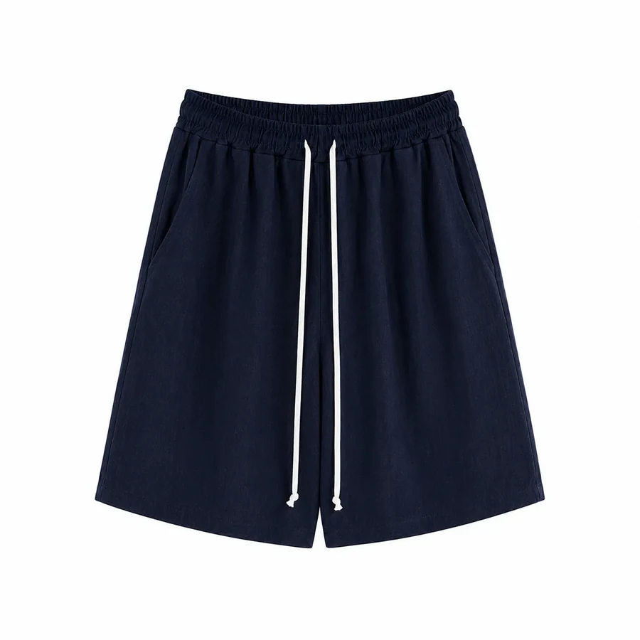 Pantaloni bleumarin cu șnur lung – 70% vâscoză, 30% in — fotografie de catalog.