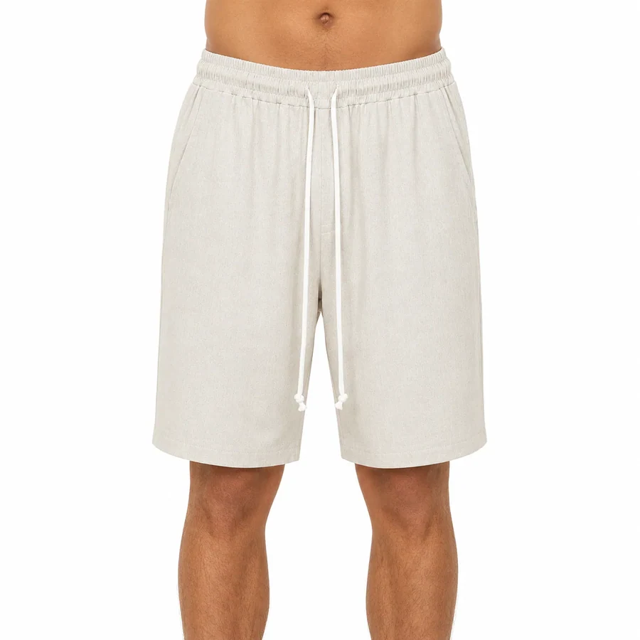 Pantaloni crem cu șnur lung – 70% vâscoză, 30% in — fotografie de catalog.