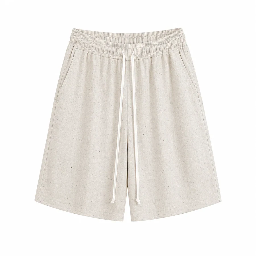 Pantaloni crem nato și șnur lung – 70% vâscoză, 30% in; fotografie de catalog pentru compararea croielii.