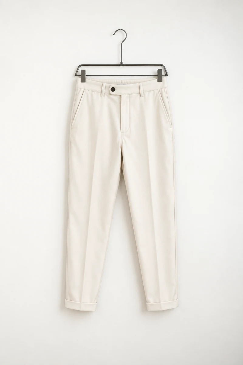 Vedere frontală pe umeraș: pantaloni eleganți slim bărbați crem piersică fără șnur.