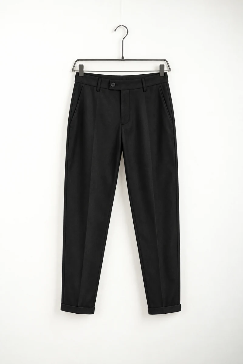 Pantaloni eleganți slim bărbați negri fără șnur, vedere frontală pe umeraș, în catalogul editorial.