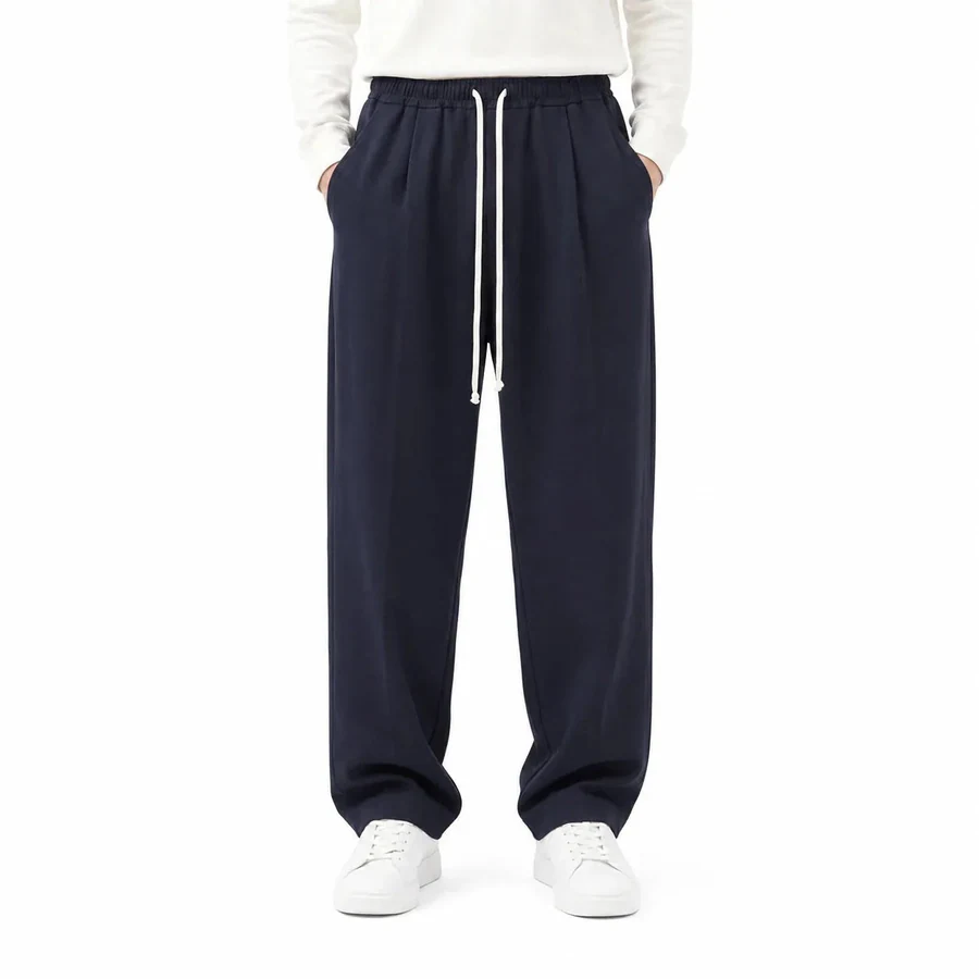 Fotografie de catalog a modelului: pantaloni lungi largi bărbați bleumarin cu șnur lung și buzunar la spate.