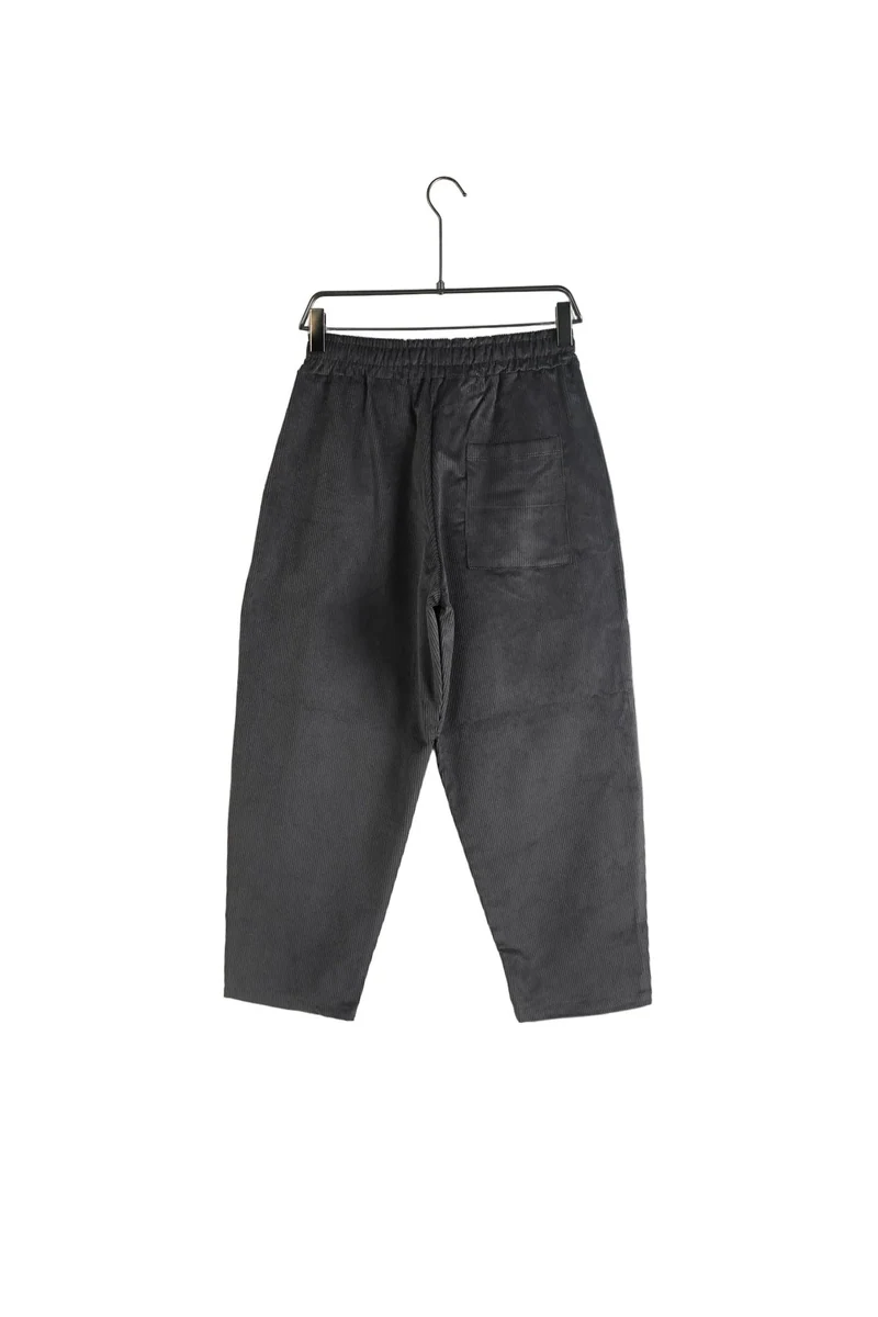 Imagine de prezentare: pantaloni lungi largi bărbați gri inchis raiați; vedere frontală pe umeraș.
