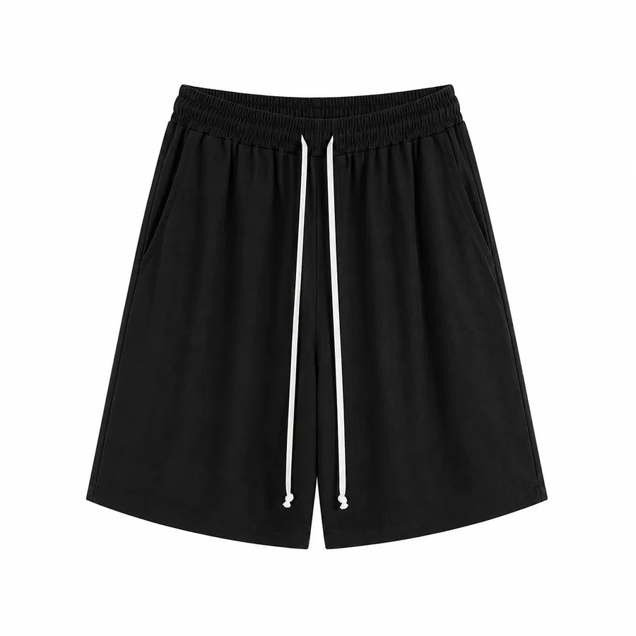 Imagine de prezentare: pantaloni negri cu șnur lung – 70% vâscoză, 30% in; fotografie de catalog.