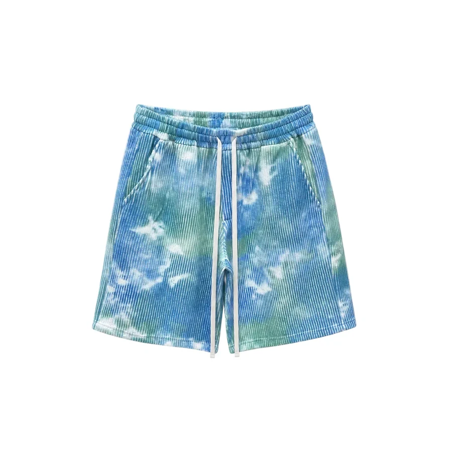 Fotografie de catalog: pantaloni scurți albastru tie dye – 48% bumbac, 52% poliester.