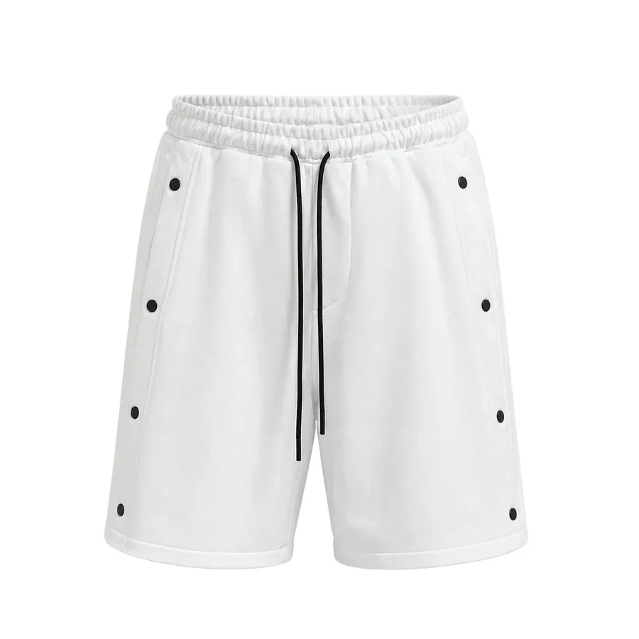 Pantaloni scurți albi cu șnur lung și capse laterale 100% bumbac, fotografie de catalog, în catalogul editorial.