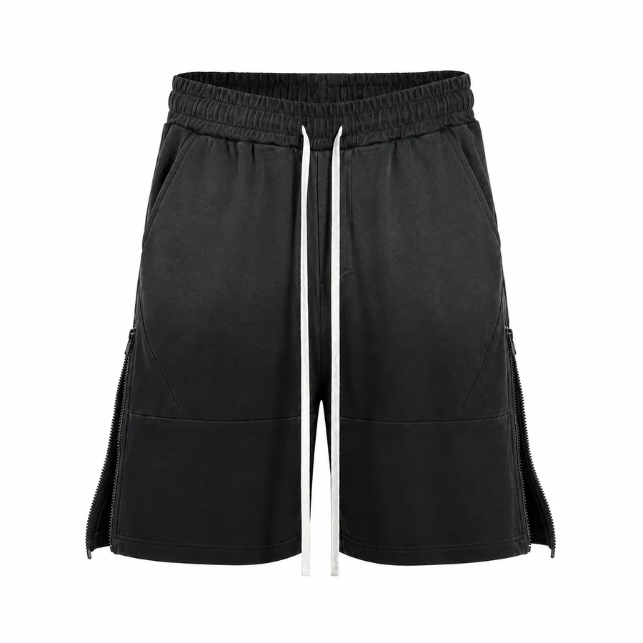 Pantaloni scurți bărbați negri cu fermoare laterale și șnur lung – 100% bumbac, fotografie de catalog, în catalogul editorial.