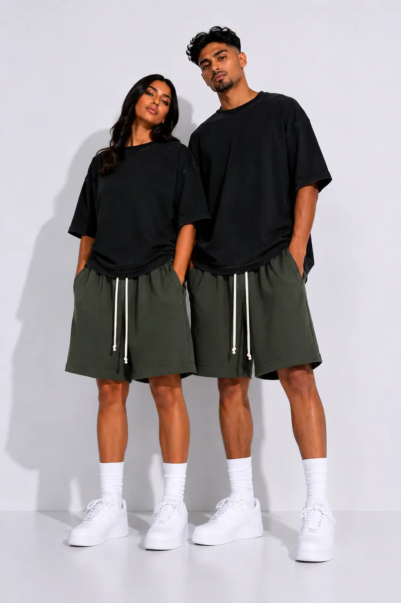Fotografie de catalog a modelului: pantaloni scurți bărbați verde militar cu șnur lung.