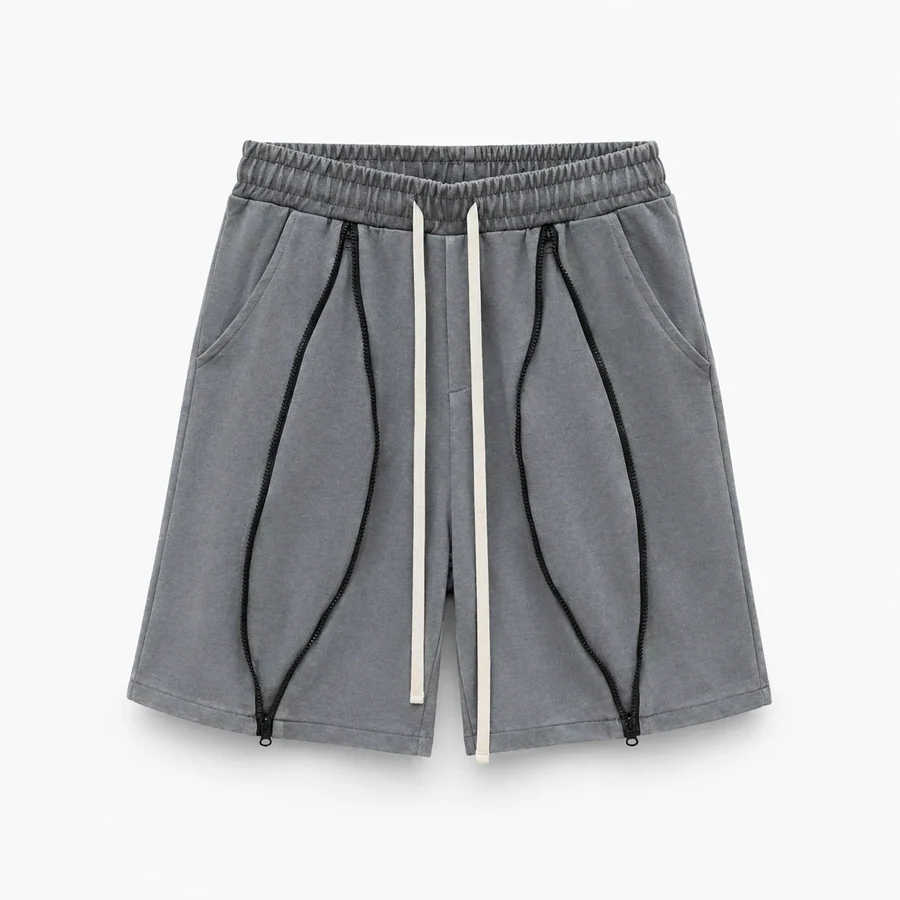 Imagine de prezentare: pantaloni scurți gri 100% bumbac cu fermoar pe mijloc și șnur lung; fotografie de catalog.