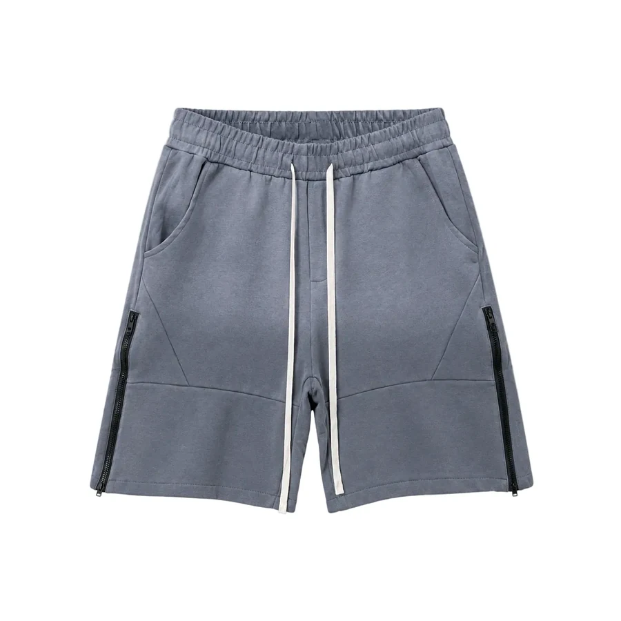 Pantaloni scurți gri cu șiret lung și fermoare – 100% bumbac, fotografie de catalog, în catalogul editorial.