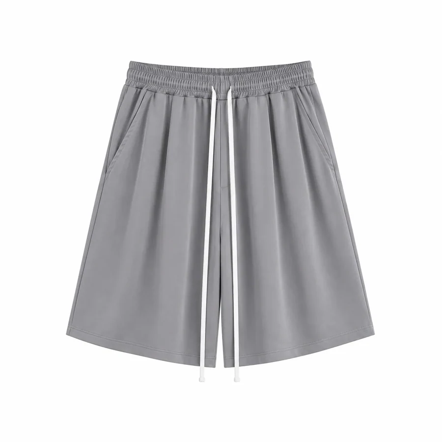 Imagine de prezentare: pantaloni scurți gri închis cu șnur lung – subțiri, de vară; fotografie de catalog.