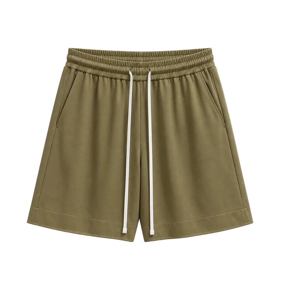 Pantaloni scurți khaki cu șiret lung – 100% bumbac; fotografie de catalog pentru compararea croielii.