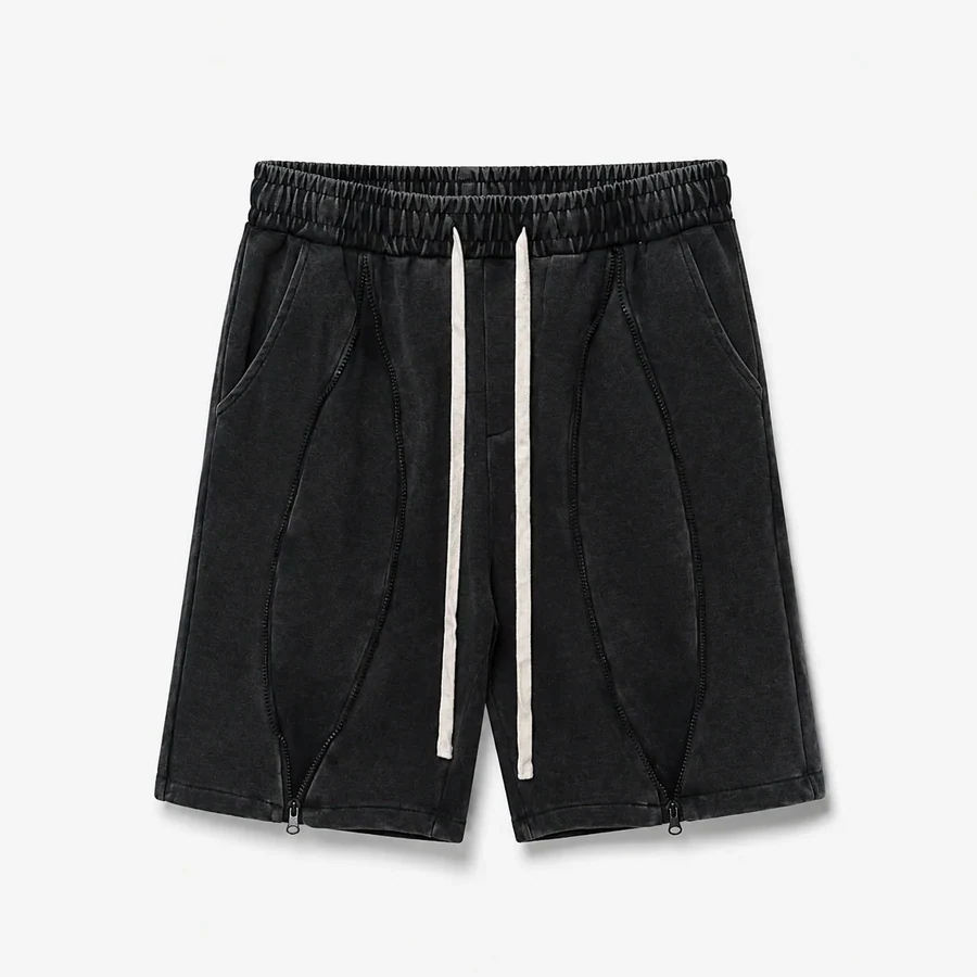 Pantaloni scurți negri 100% bumbac cu fermoar pe mijloc și șnur lung — fotografie de catalog.