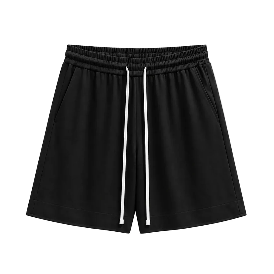 Fotografie de catalog: pantaloni scurți negri cu șiret lung – 100% bumbac.