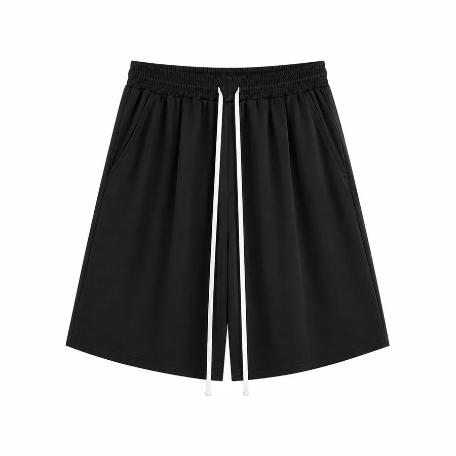 Pantaloni scurți negri cu șnur lung – subțiri, de vară, fotografie de catalog, în catalogul editorial.