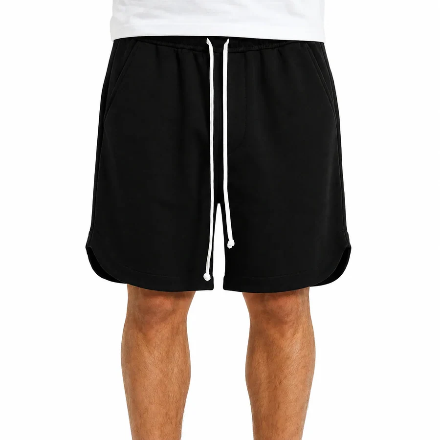Pantaloni scurți sport negri cu șnur lung și despicătură laterală, fotografie de catalog, în catalogul editorial.