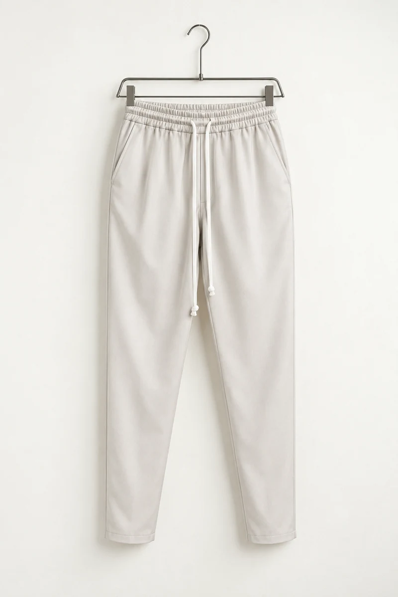 Pantaloni slim bărbați bej deschis cu șnur lung — vedere frontală pe umeraș.