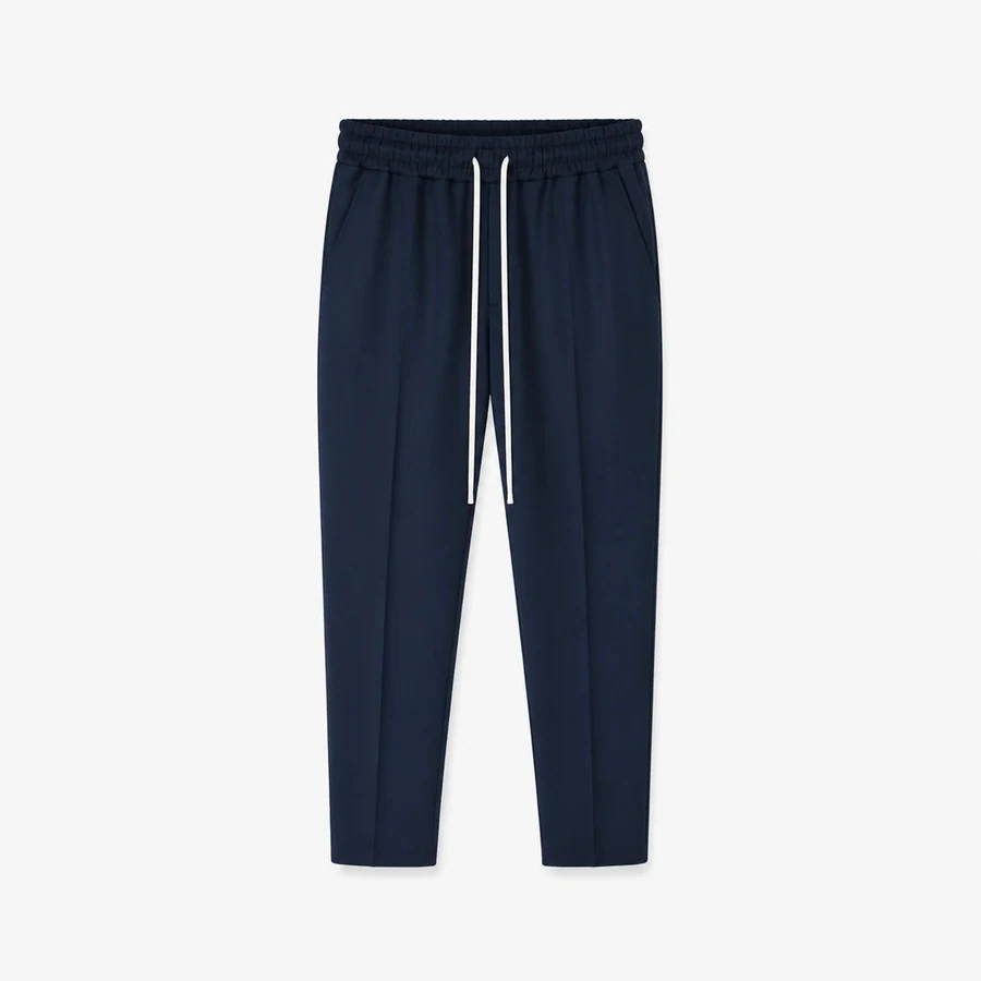 Pantaloni slim bărbați bleumarin cu șnur lung; fotografie de catalog pentru compararea croielii.