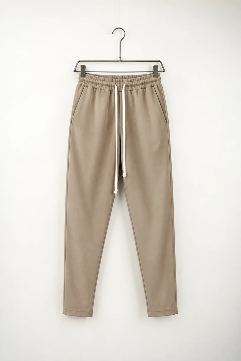 Vedere frontală pe umeraș a modelului: pantaloni slim bărbați camel cu șnur lung.