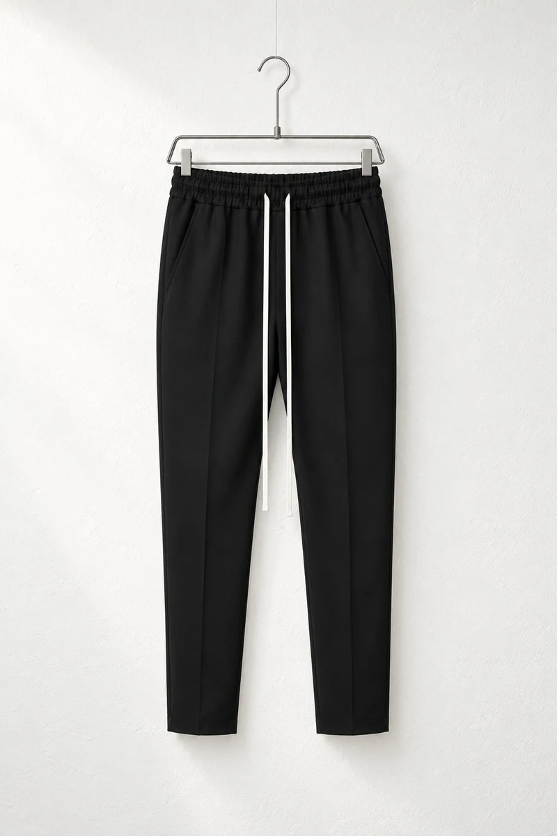 Vedere frontală pe umeraș: pantaloni slim bărbați negri cu șnur lung.