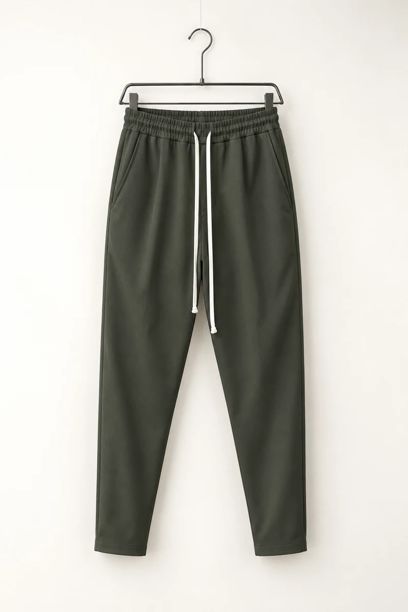 Vedere frontală pe umeraș a modelului: pantaloni slim bărbați verde militar cu șnur lung.