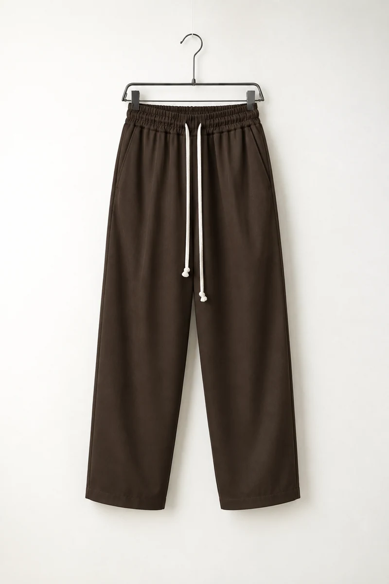 Vedere frontală pe umeraș a modelului: pantaloni wide leg bărbați maro închis cu șnur lung.