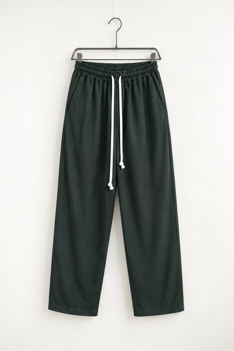 Vedere frontală pe umeraș: pantaloni wide leg bărbați verde militar cu șnur lung.