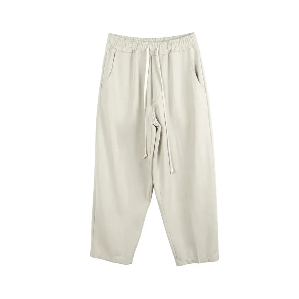 Pantaloni Bărbați Bej - Croială Largă (Wide Leg) cu Șnur Lung — pantaloni wide leg bej pentru bărbați, vedere frontală pe fundal alb — cadrul 2 din galeria editorială.