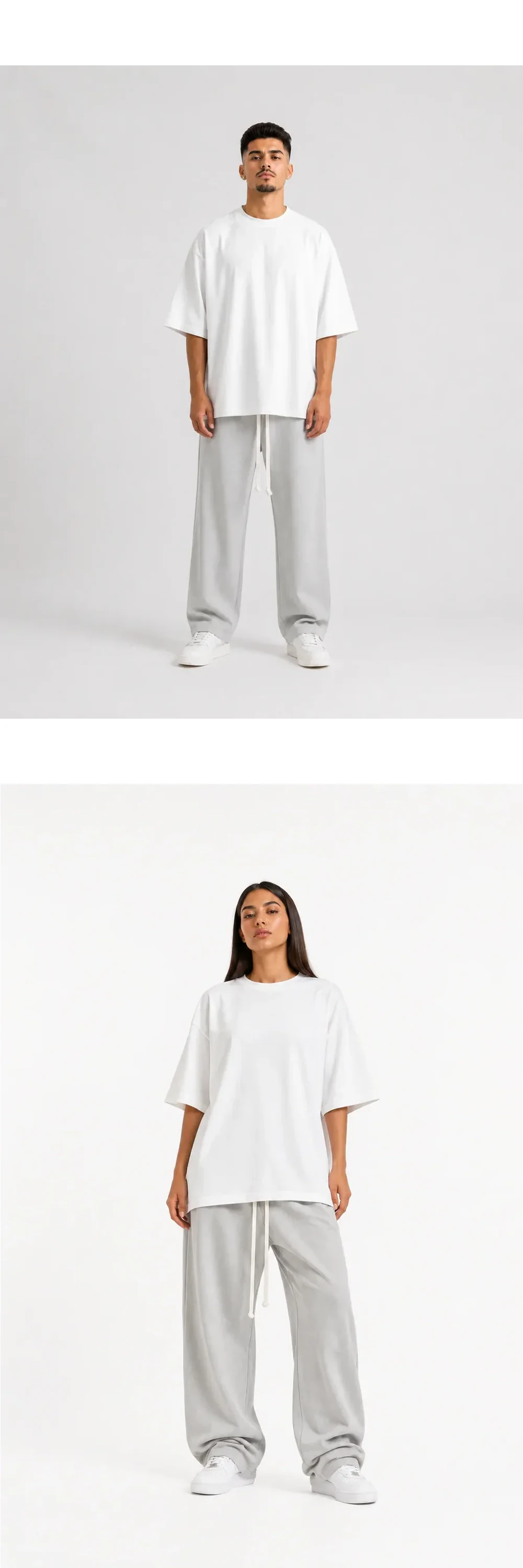 Pantaloni Bărbați Gri - Croială Largă (Wide Leg) cu Șnur Lung — grey wide leg men’s pants with long white drawstrings, oversized relaxed fit, luxury streetwear design shown on male and fema — cadrul 2 din galeria editorială.