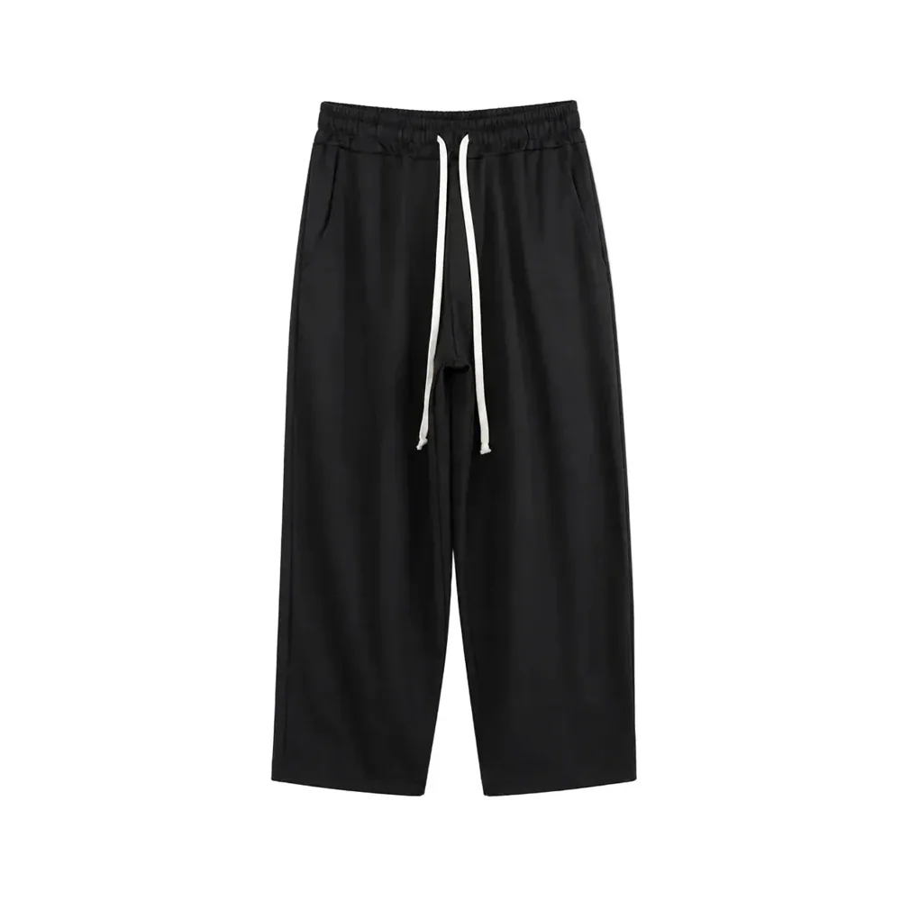 Pantaloni Bărbați Negri - Croială Largă (Wide Leg) cu Șnur Lung — pantaloni wide leg negri pentru bărbați, vedere frontală cu talie elastică — cadrul 2 din galeria editorială.