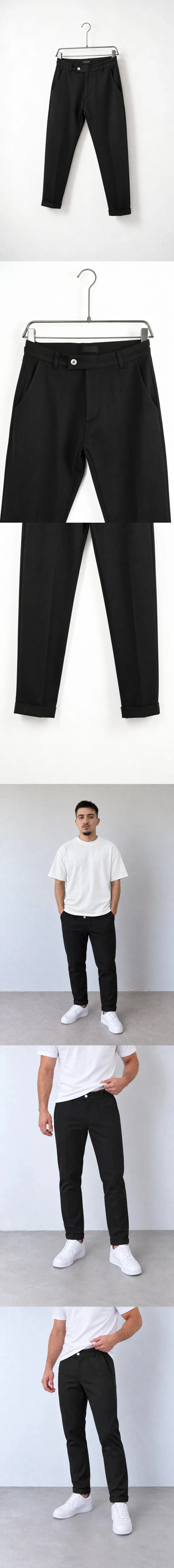 Pantaloni Bărbați Negri Slim Fit — pantaloni negri slim fit pe umeraș, vedere oblică — cadrul 2 din galeria editorială.