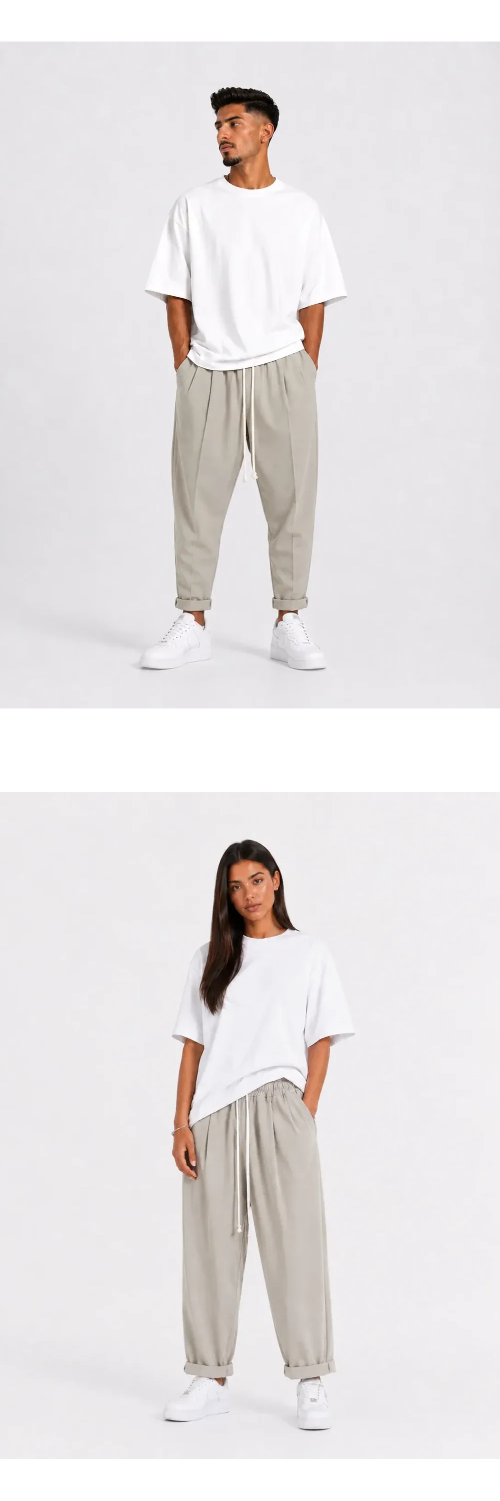 Pantaloni Crem Ușor Slim cu Șnur Lung și Nasturi la Spate — bărbat purtând pantaloni crem slim cu șiret lung într-un outfit streetwear modern și relaxat — cadrul 2 din galeria editorială.
