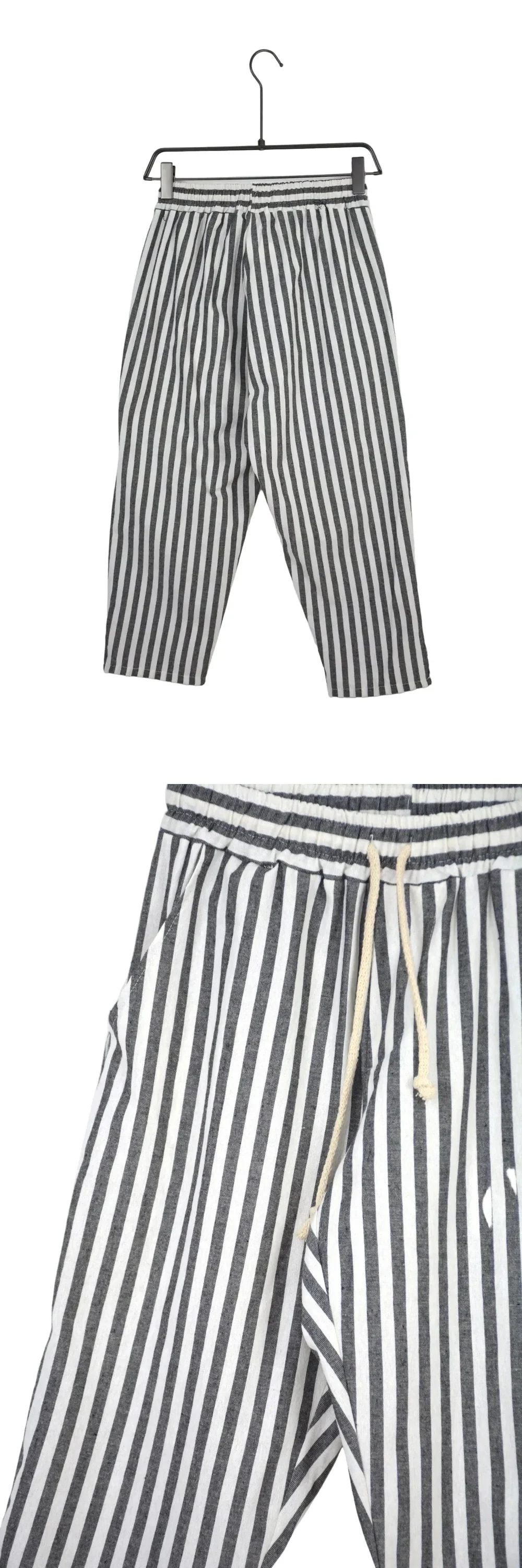 Pantaloni Lungi Bărbați – Dungi Gri — pantaloni bărbați cu imprimeu în dungi gri, model elegant-casual prevăzut cu șiret lung în talie pentru un plus de stil — cadrul 2 din galeria editorială.