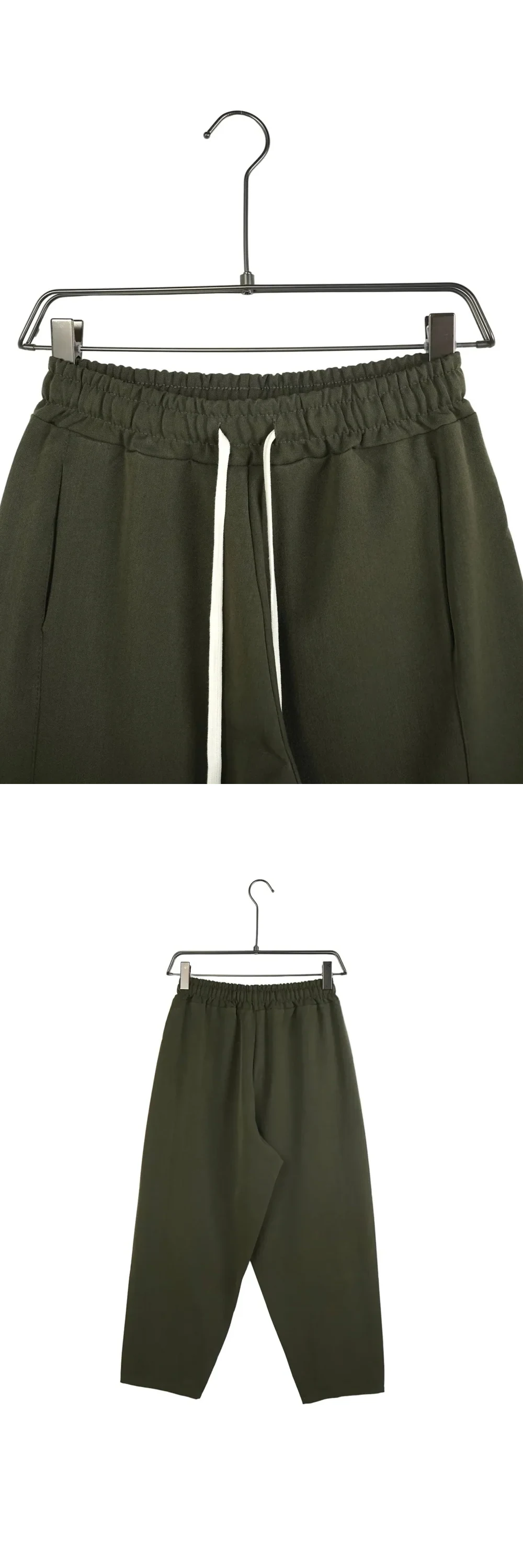 Pantaloni lungi largi bărbați casual verzi cu șnur — model de pantaloni cu șiret lung decorativ, culoare verde salvie și croială confortabilă, ideali pentru sezonul de primăvară — cadrul 2 din galeria editorială.