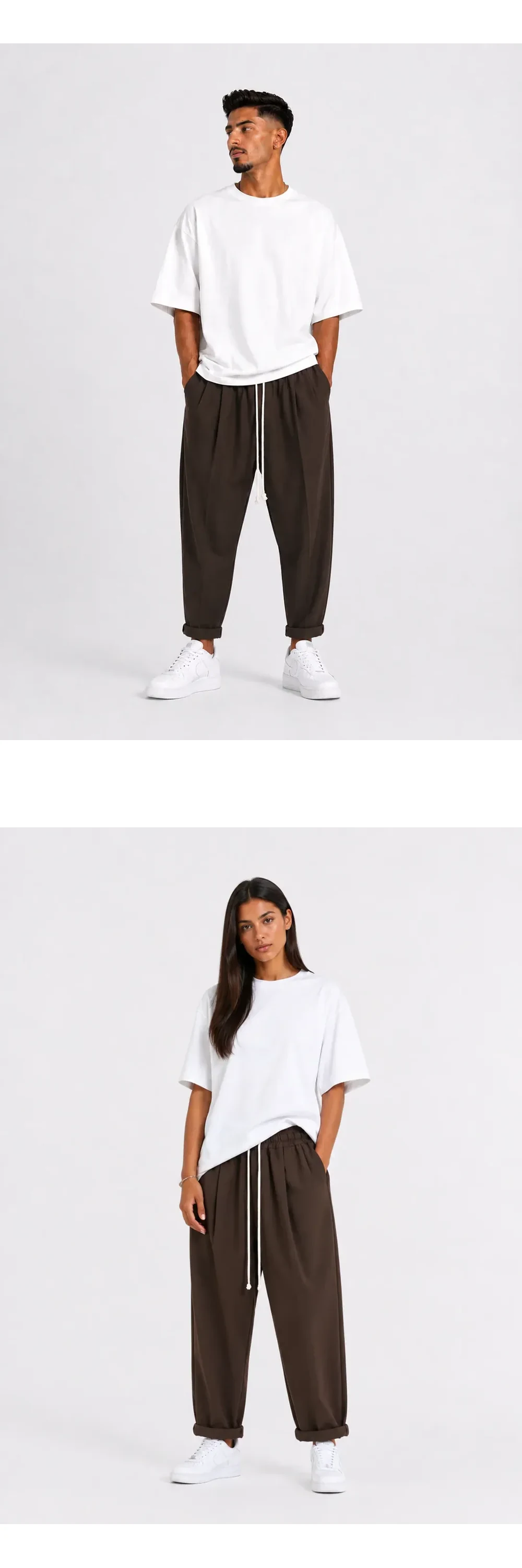 Pantaloni Maro Ușor Slim cu Șnur Lung și Nasturi la Spate — bărbat purtând pantaloni maro slim cu șiret lung într-un outfit streetwear modern și relaxat — cadrul 2 din galeria editorială.
