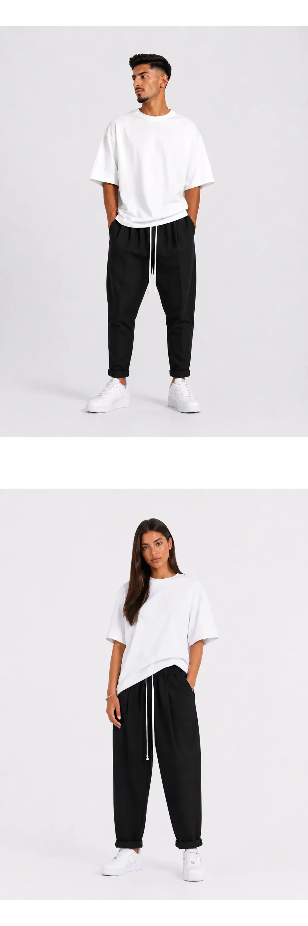 Pantaloni Negri Ușor Slim cu Șnur Lung și Nasturi la Spate — bărbat purtând pantaloni negri slim cu șiret lung într-un outfit streetwear modern și relaxat — cadrul 2 din galeria editorială.