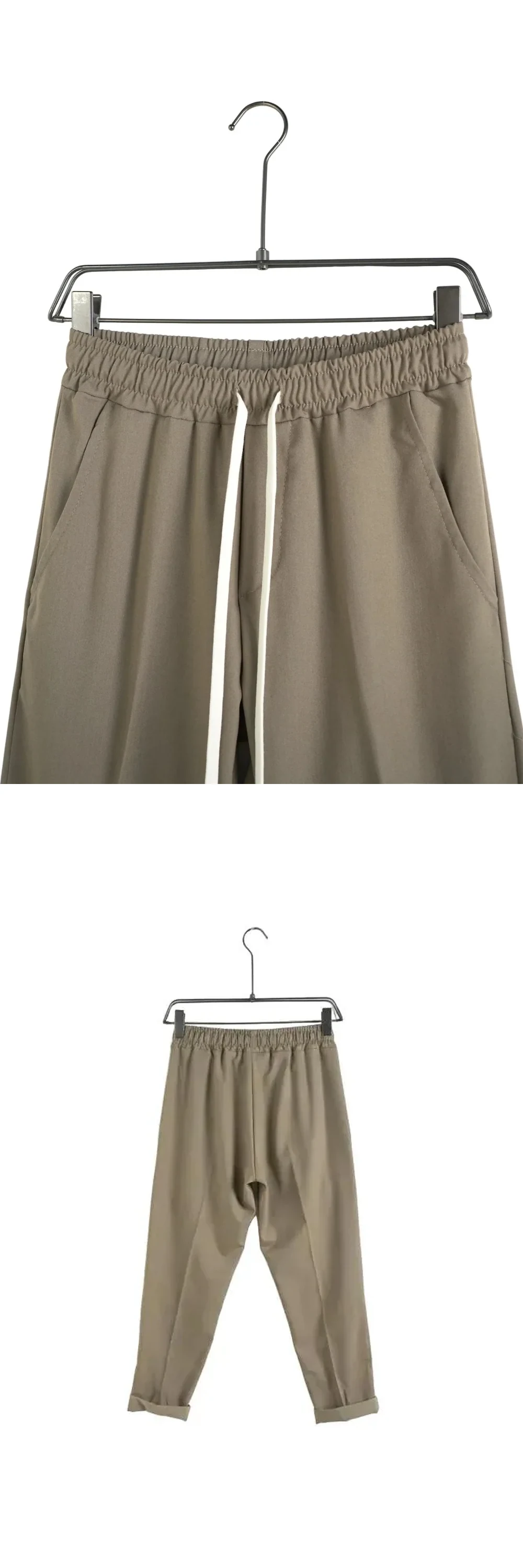 Pantaloni slim barbati casual gri-maro cu snur — detaliu textură material premium gri-maro din viscoză și poliester — cadrul 2 din galeria editorială.