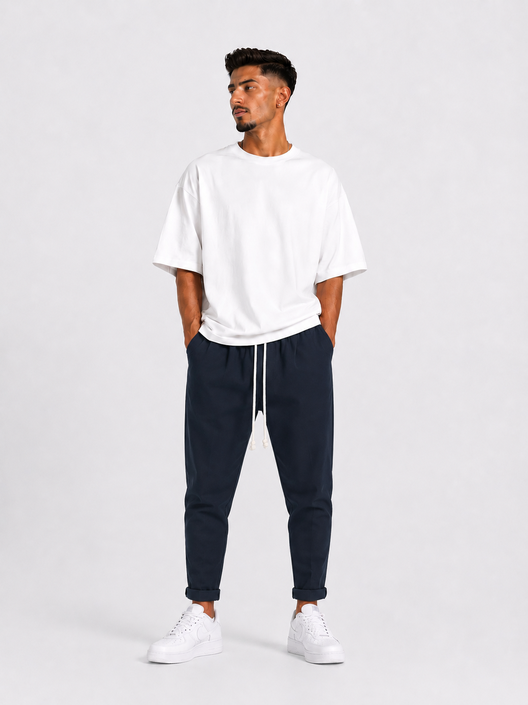atelier axd barbat pantaloni bleumarin slim siret lung Atelier AXD in tinuta moda urbana cu snur lung vizibil