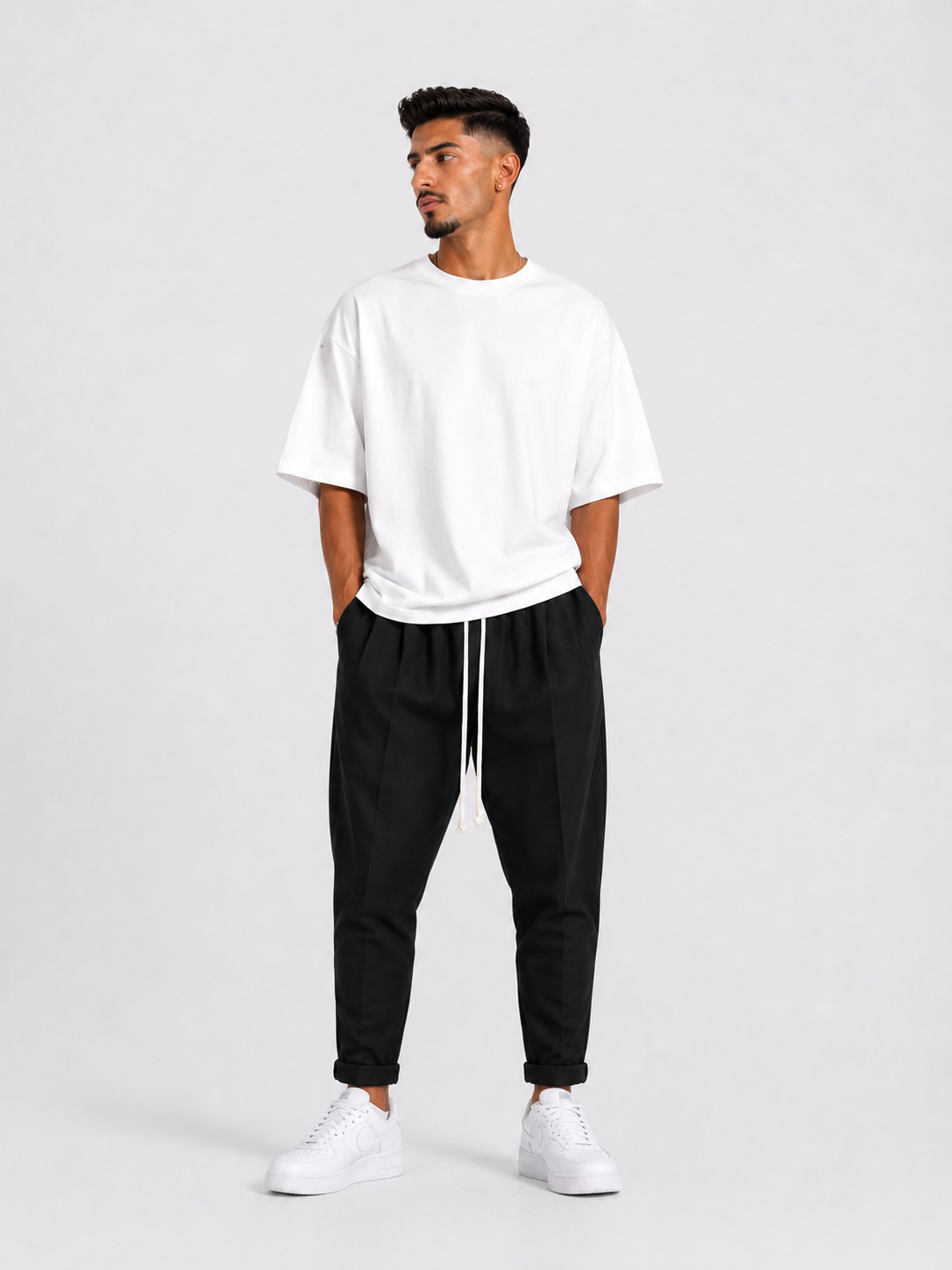 atelier axd barbat pantaloni negri slim siret lung Atelier AXD in tinuta moda urbana cu snur lung vizibil