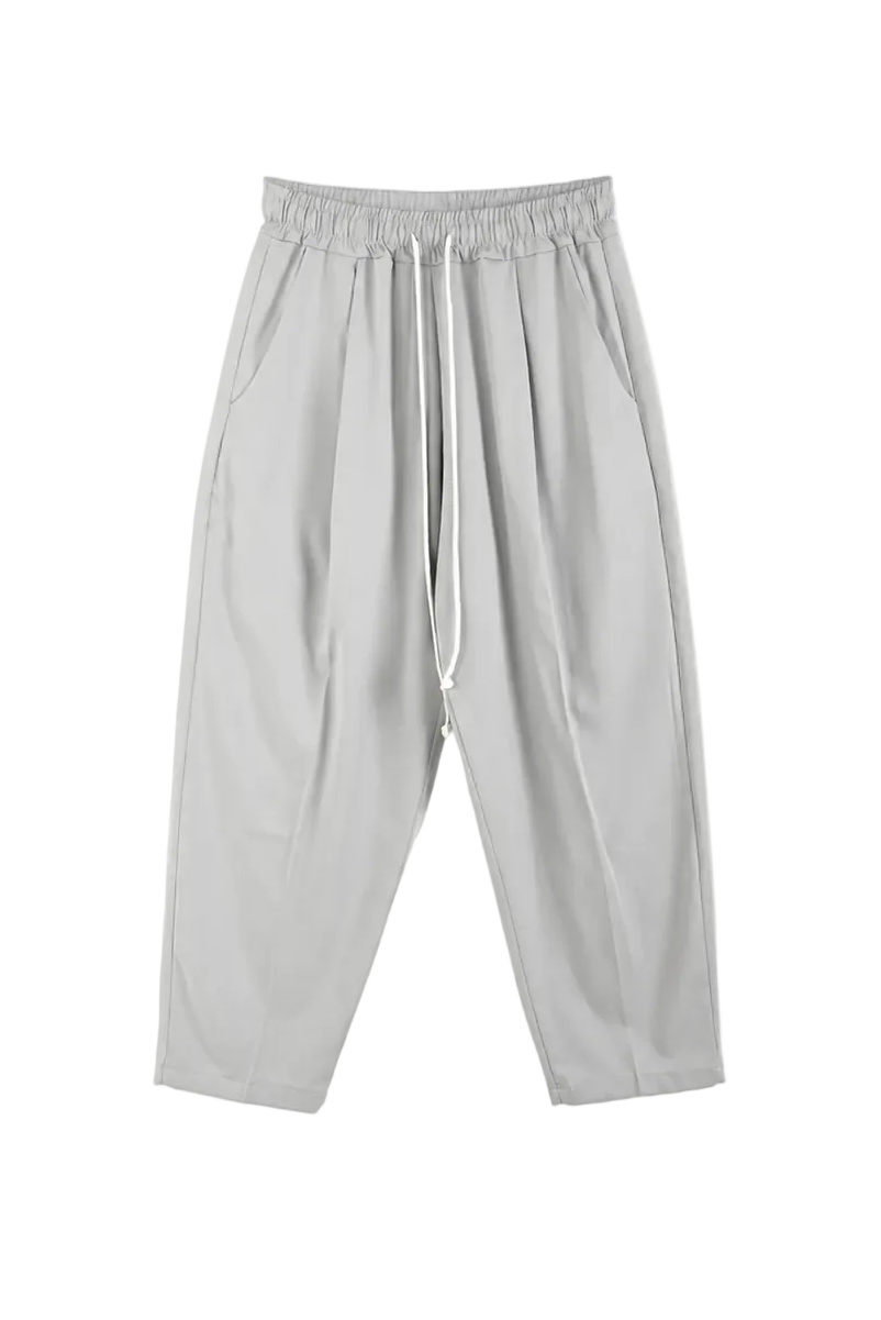 atelier axd pantaloni gri casual barbati fit lejer Atelier AXD in tinuta moda urbana cu snur lung vizibil