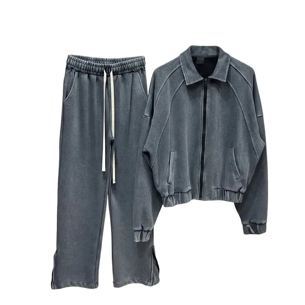 atelier axd set barbati bumbac gri bluza fermoar pantaloni siret lu Atelier AXD in tinuta moda urbana cu snur lung vizibil