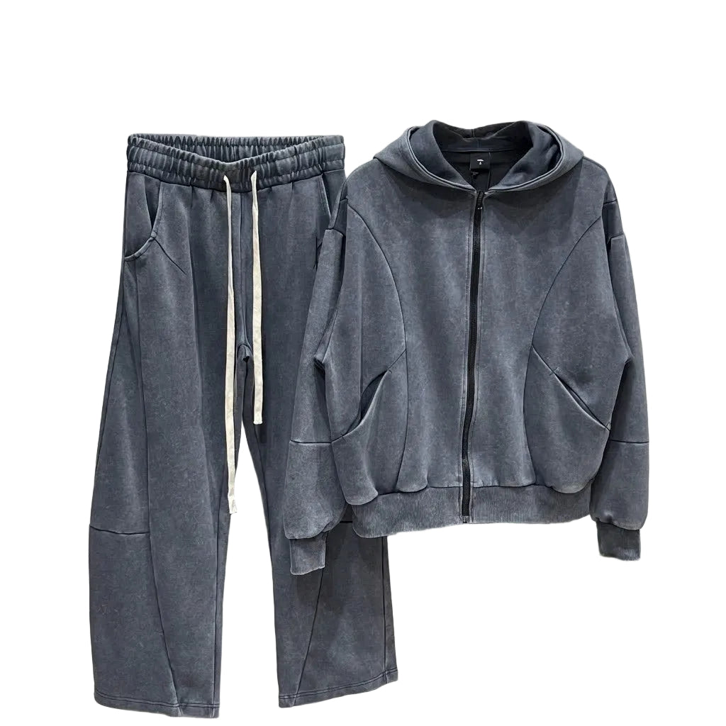 atelier axd set barbati bumbac gri spalat hanorac fermoar pantaloni Atelier AXD in tinuta moda urbana cu snur lung vizibil