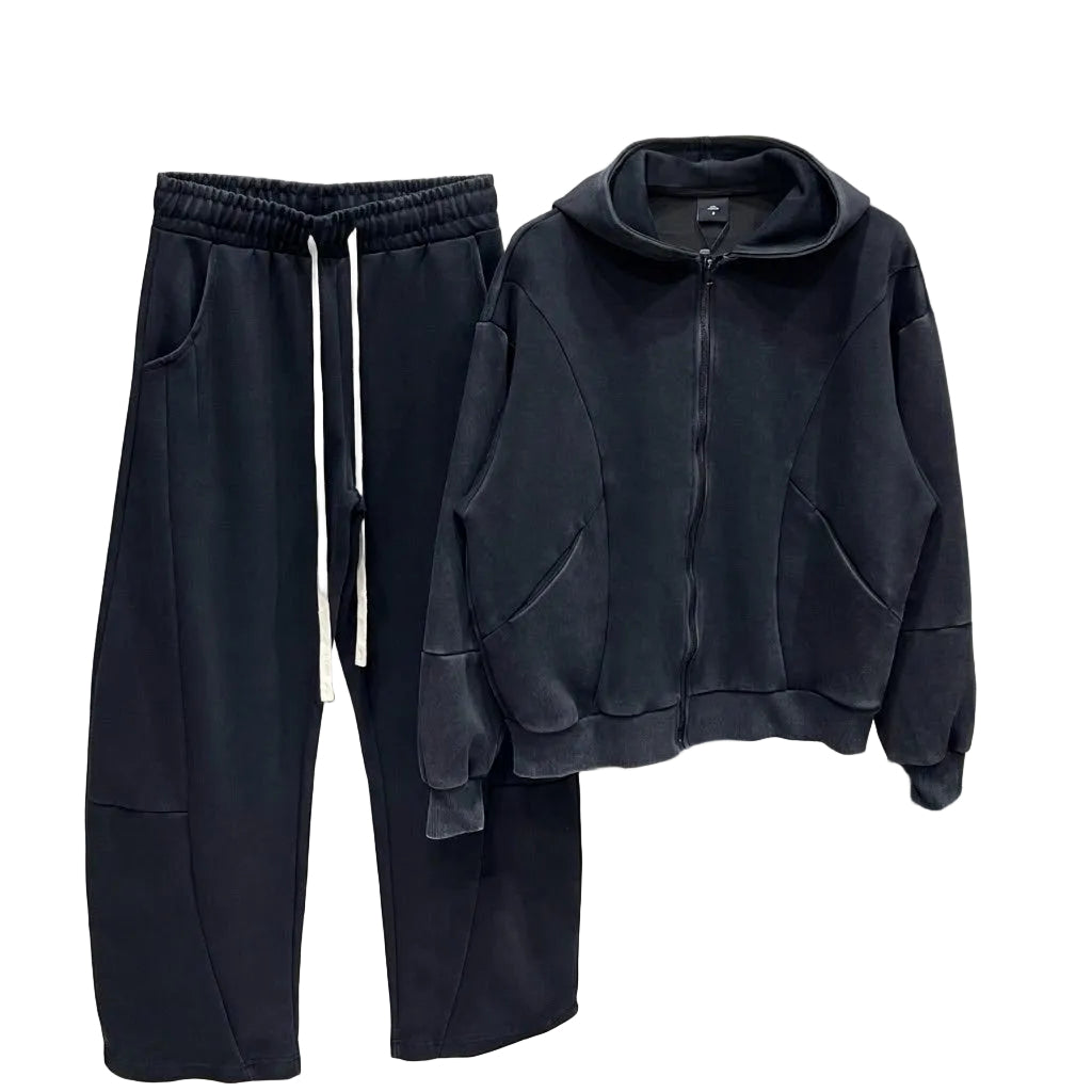 atelier axd set barbati bumbac negru spalat hanorac fermoar pantalo Atelier AXD combinat cu pantaloni cu snur lung pentru outfit urban