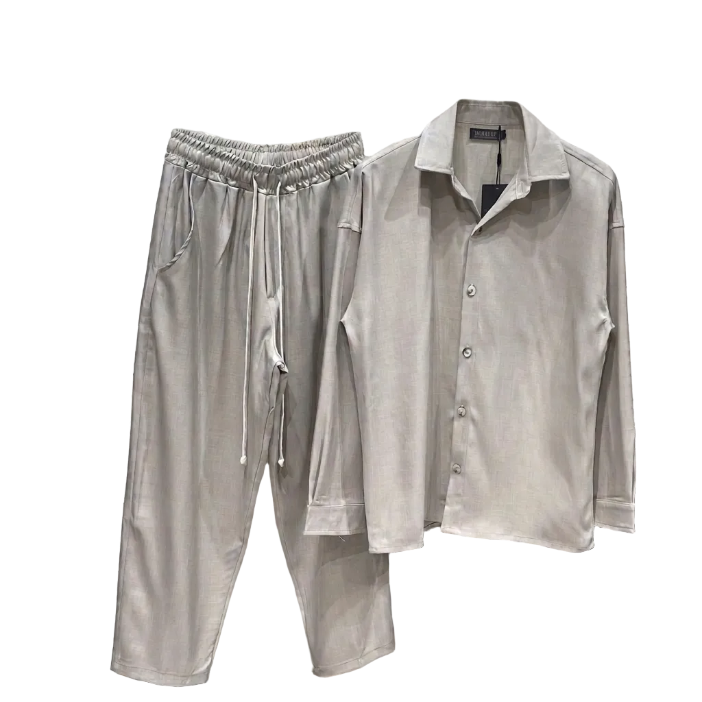 atelier axd set casual barbati bej camasa pantaloni snur Atelier AXD in tinuta moda urbana cu snur lung vizibil