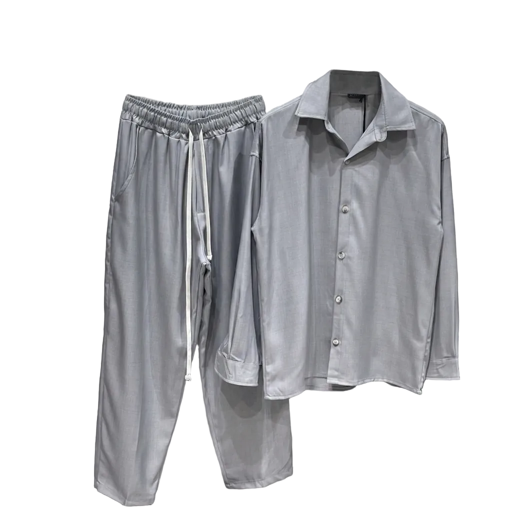 atelier axd set casual barbati gri camasa pantaloni snur Atelier AXD in tinuta moda urbana cu snur lung vizibil
