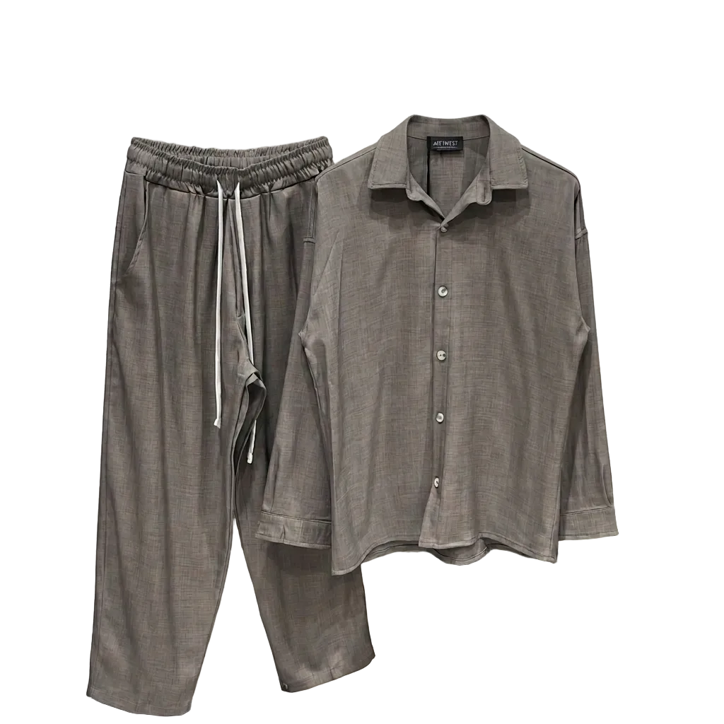 atelier axd set casual barbati maro camasa pantaloni snur Atelier AXD in tinuta moda urbana cu snur lung vizibil