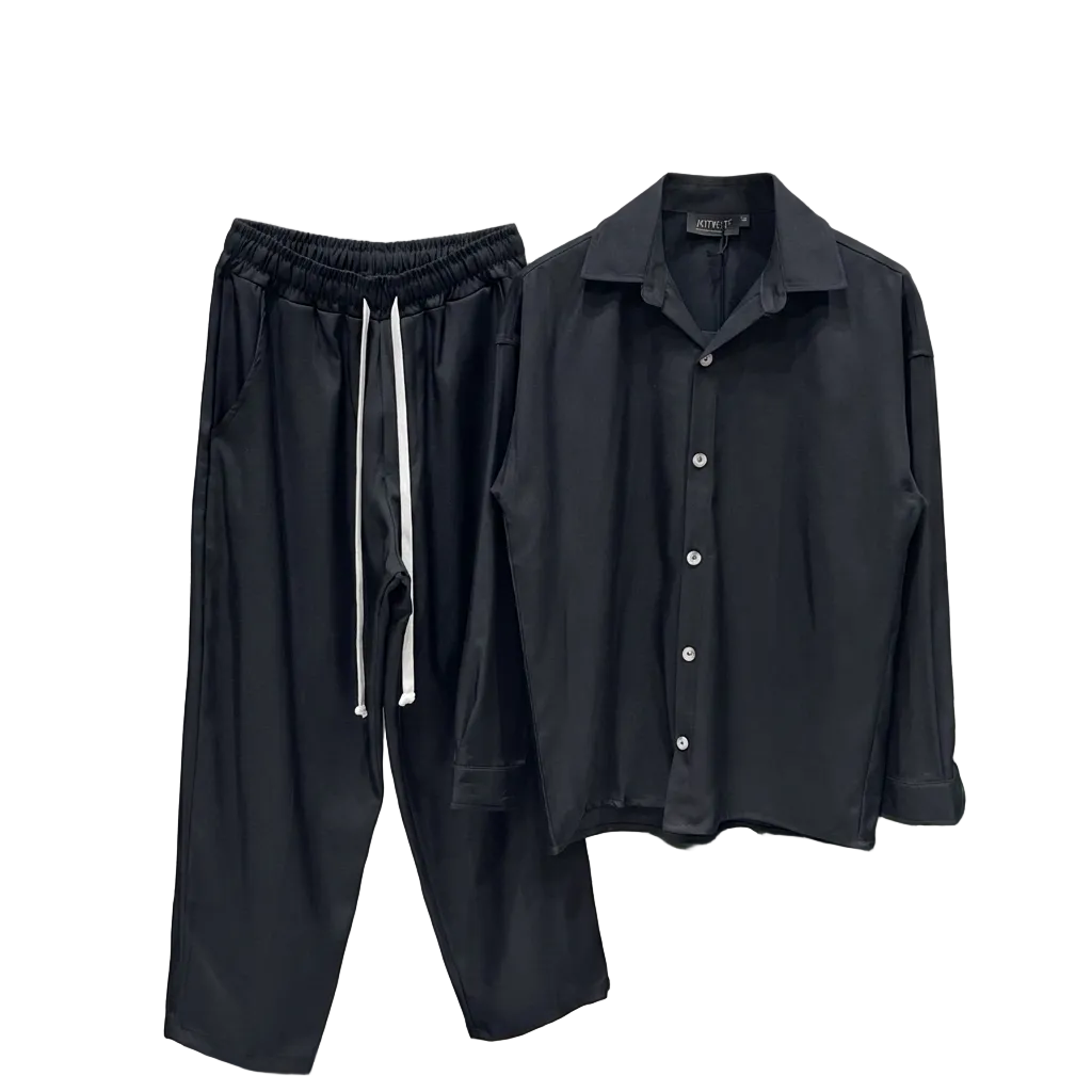 atelier axd set casual barbati negru camasa pantaloni snur Atelier AXD in tinuta moda urbana cu snur lung vizibil