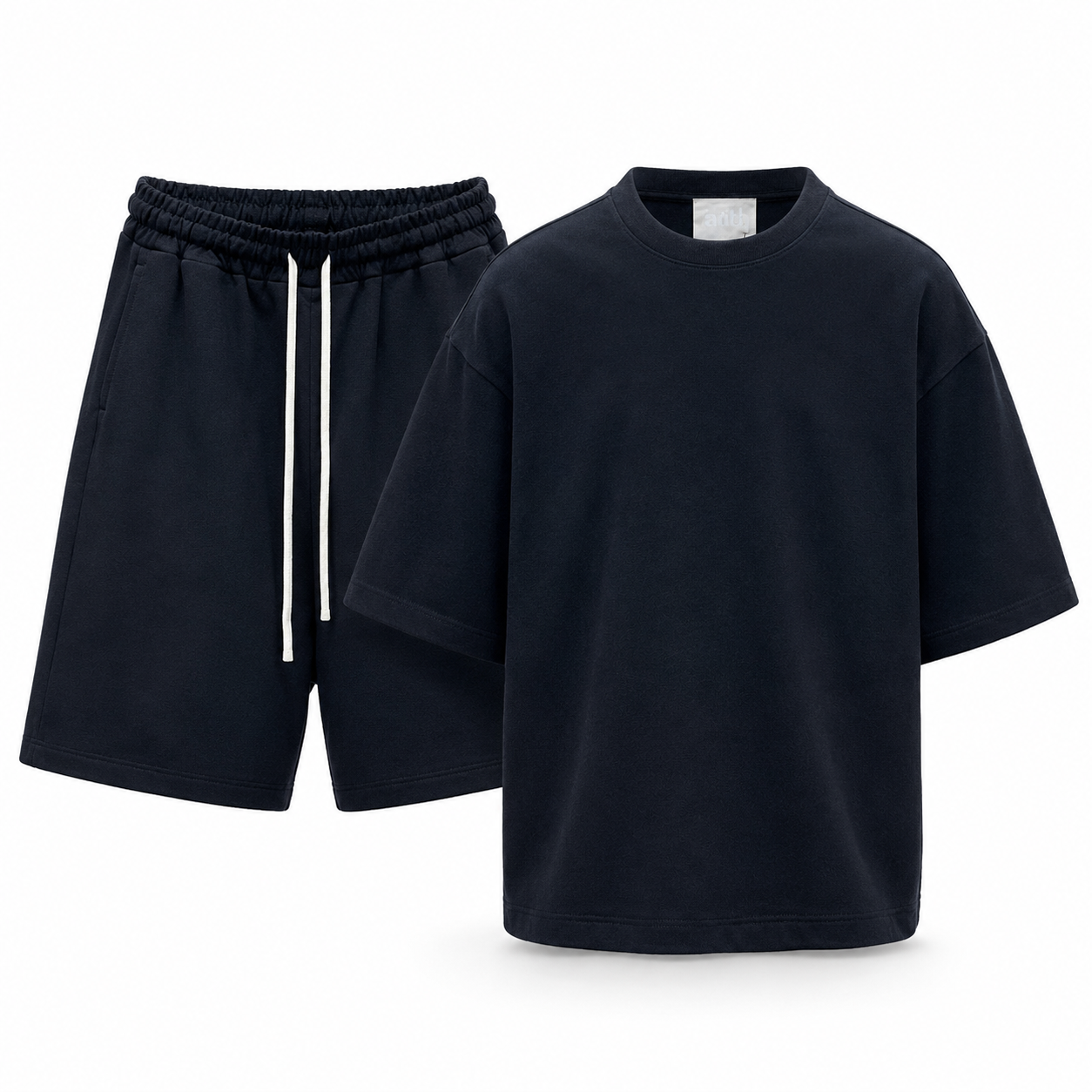 atelier axd set negru modern tricou pantaloni scurti Atelier AXD in tinuta moda urbana cu snur lung vizibil